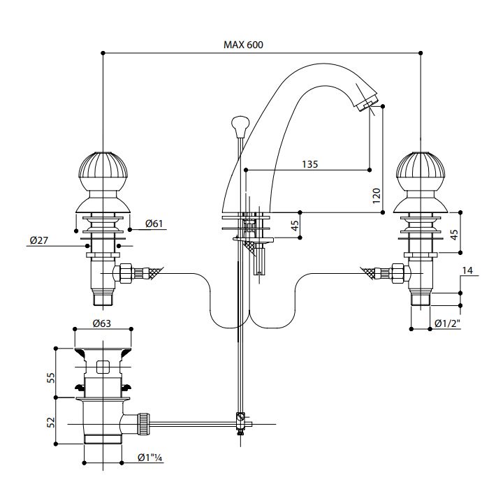 Bongio Radiant Смеситель для раковины на 3 отв.  цвет хром