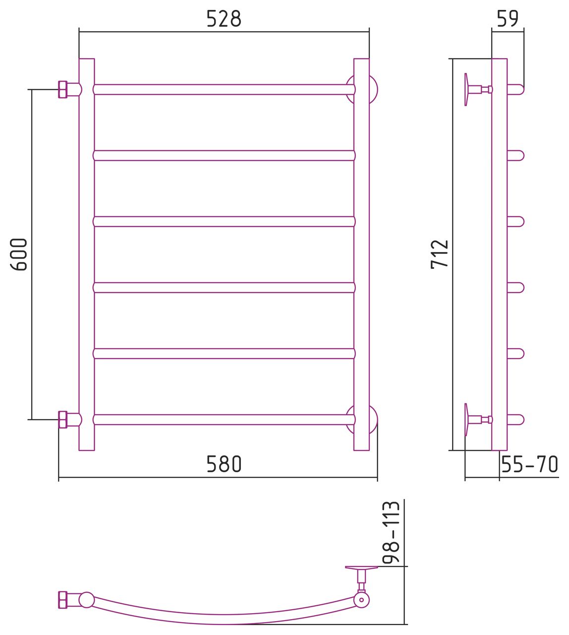 Полотенцесушитель СТИЛЬЕ "Версия-Б2" 600х500 (6) Г 18 (Без покрытия)