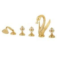 LUXOR См-ль на борт ванны, на 5 отверстий, лебедь БОЛЬШОЙ, ручки SWAROVSKI, золото