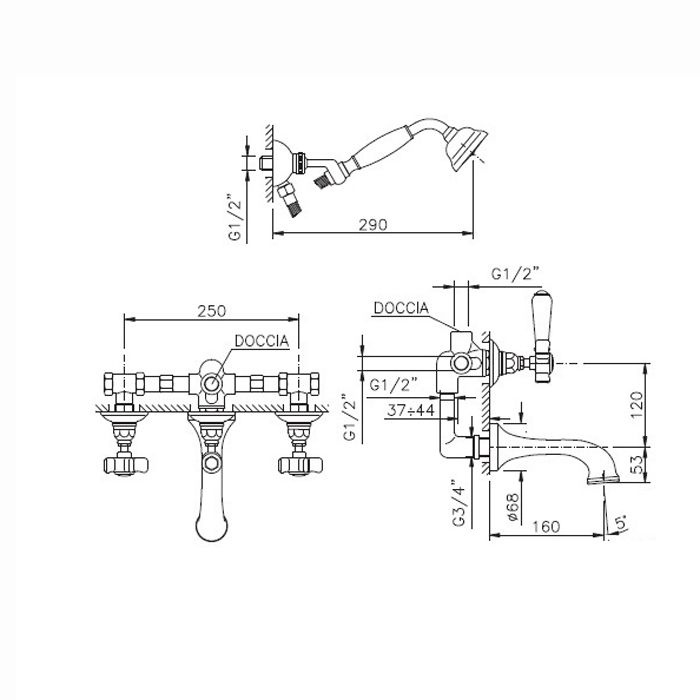Nicolazzi P.m. Blanc Смеситель для душа, встраиваемый, излив: 160мм и ручным душем, ручки белая керамика, цвет: тёмная бронза