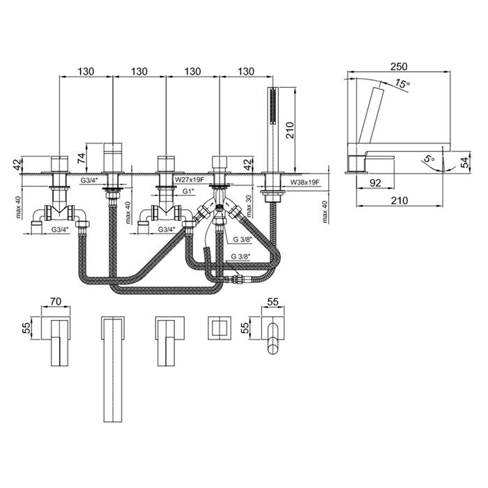 Fantini AR/38 Смеситель на борт ванны, 5 отв, излив 210мм, (без ручек), цвет: хром