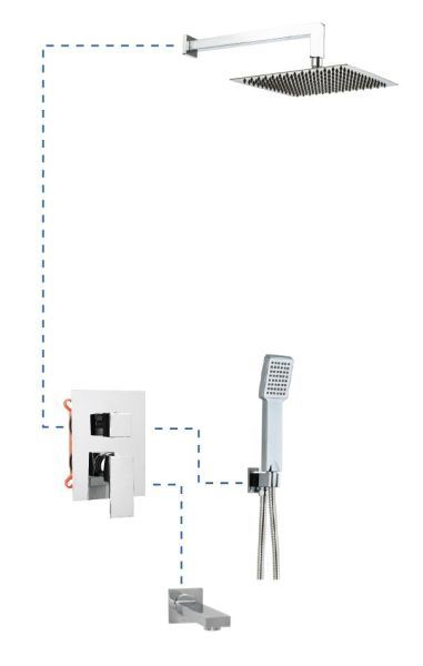 AQG Bold, душевой комплект EC316 на 3 потребителя, с квадратным изливом, с квадратным верхним душем 25х25 см и кронштейном 35 см, цвет хром