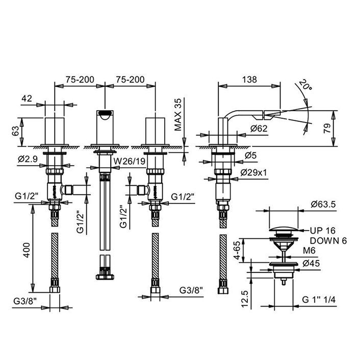 Fantini Venezia In Смеситель для биде, 3 отв., с донным клапаном, излив 135мм, цвет: Matt Copper PVD