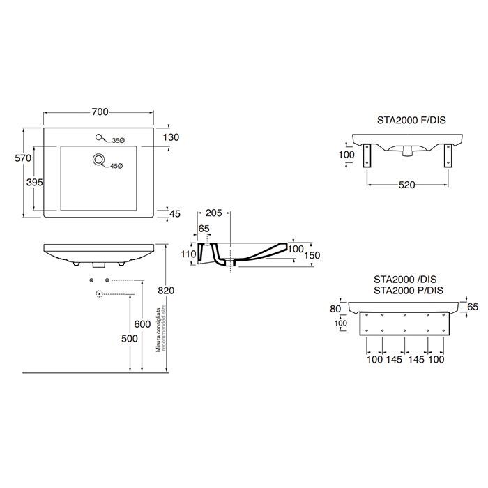AZZURRA THIN  Подвесной умывальник для людей с ограниченными возможностями 70×57×H15 cm  c 1 отв под смеситель, цвет белый