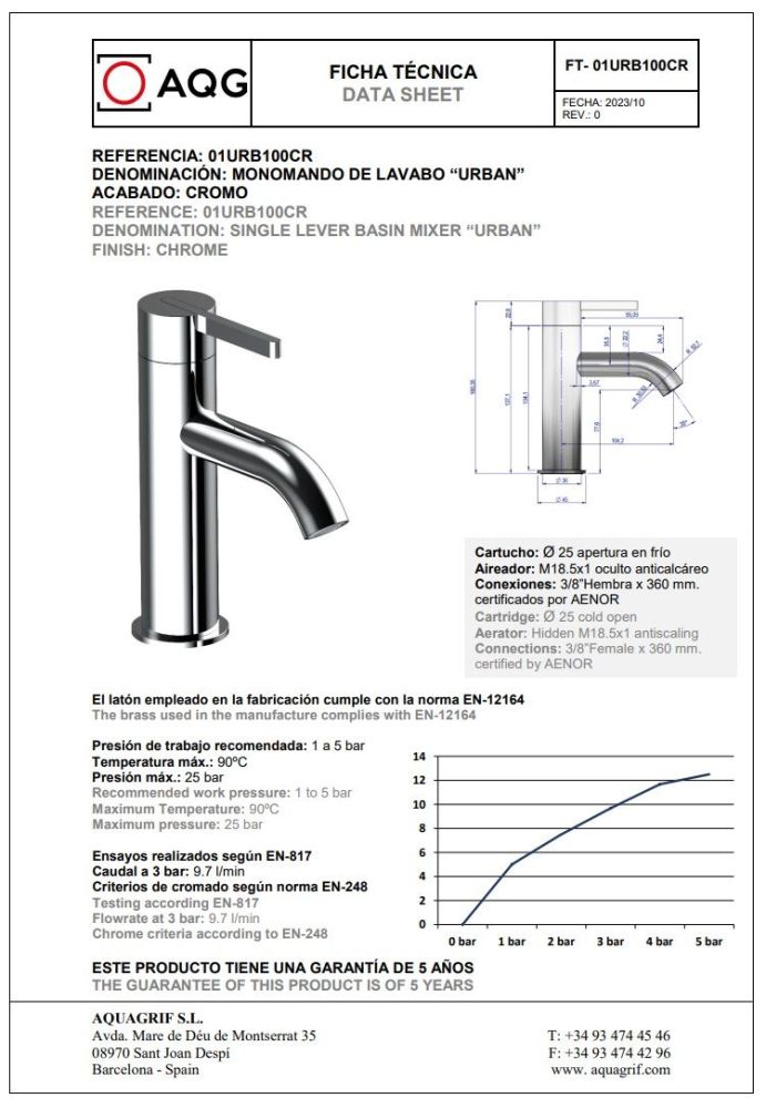 AQG Urban, однорычажный смеситель для раковины без донного клапана, цвет хром, артикул 01URB100CR