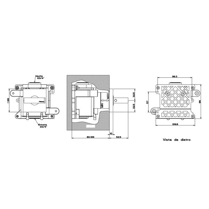 Gessi Rettangolo Встраиваемый запорный вентиль для термостатического смесителя, подключение на 3/4” (внешняя часть), цвет: черный