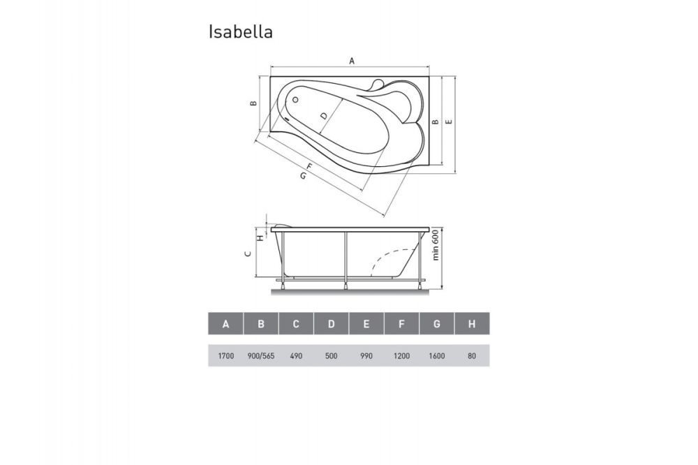 Ванна акриловая правосторонняя Relisan ISABELLA Гл000010530, 170x90, артикул Гл000010530