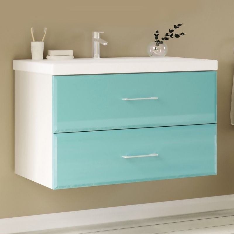 Тумба под раковину Marka One Mix 80П с ручками фасад стекло Бирюзовая, артикул У69537