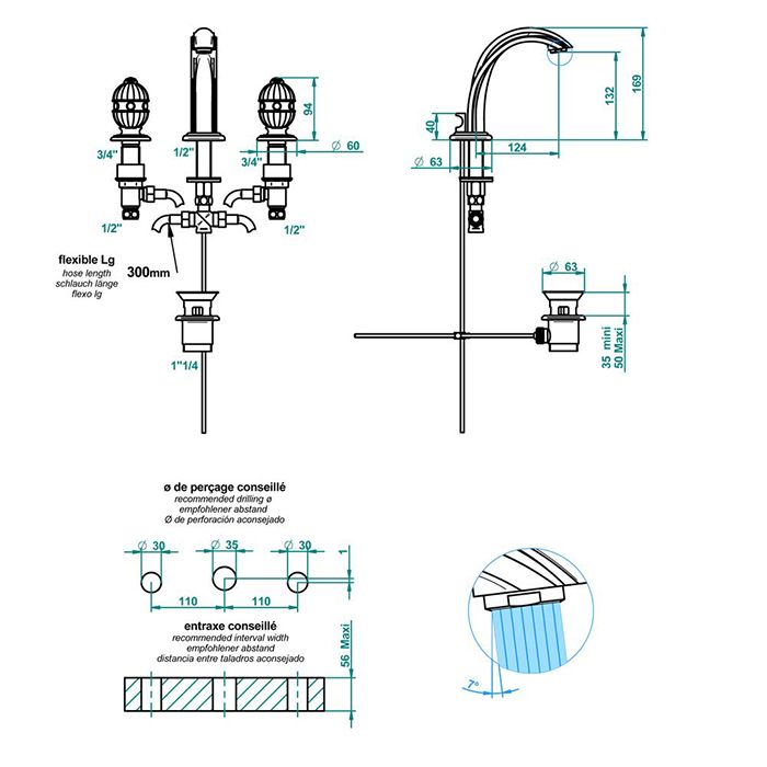 THG AMBOISE JASPE ROUGE Смеситель для раковины на 3 отверстия, с донным клапаном, вставки красная яшма, цвет полированное золото