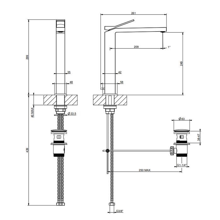 GESSI RETTANGOLO K Смеситель для раковины высокий на 1 отверстие, однорычажный, с донным клапаном, цвет Brushed Brass PVD
