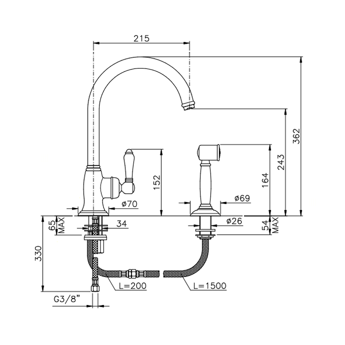 Nicolazzi Cucina Смеситель для раковины, однорычажный с поворотным изливом 215мм, на 2 отв, с лейкой, цвет: хром