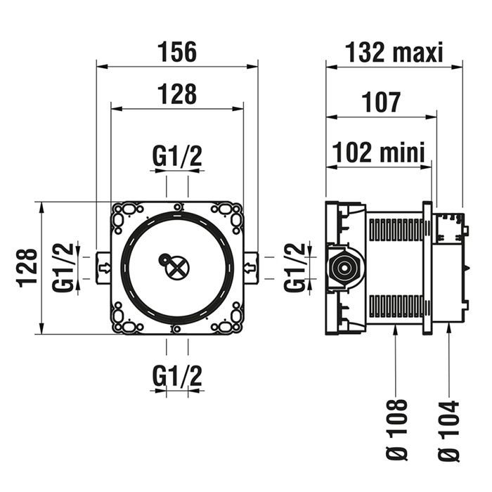 Внутренняя часть, Laufen, Simibox, стандарт подвода воды-1/2",  углубление минимум 102 мм, с запорной арматурой, реверсивные трубы подачи и выпуска 102-132 мм, артикул HF574007000000