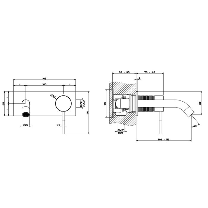 GESSI 316 Встраиваемый смеситель для раковины с изливом 146-116мм (внешняя часть), цвет: brushed black metal pvd