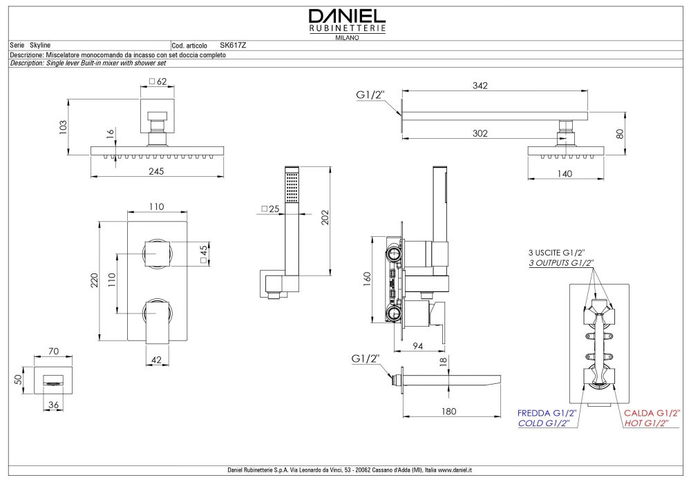 Daniel Skyline, душевой комплект на 3 потребителя: с квадратным изливом, с прямоугольным верхним душем 24х14 см и кронштейном 30 см, цвет хром, артикул SK617Z-CR