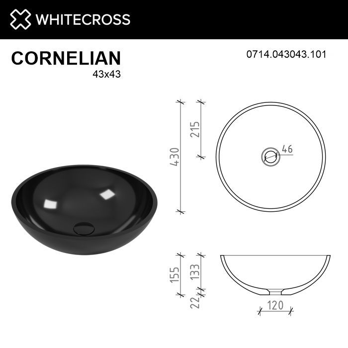 Умывальник WHITECROSS Cornelian D=43 (черный глянец) иск. камень Умывальник WHITECROSS Cornelian D=43 (черный глянец) иск. камень