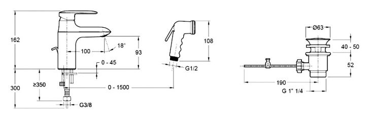 E99465-CP смеситель Kumin  д/ум-ка с гиг.душем  (хром)