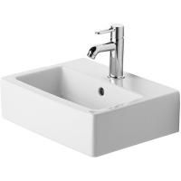 Раковина, Duravit, Vero, ширина, мм-450, глубина, мм-350, высота, мм-160, отверстия для смесителя-1, перелив-есть, тип перелива-открытый, материал-керамика, цвет-белый, с плоскостью под смеситель, глазуровка-снизу