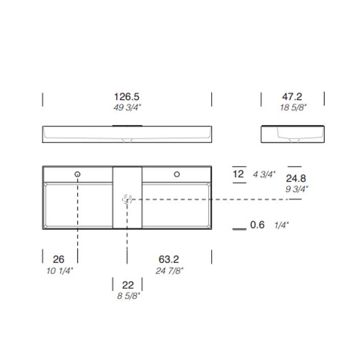 MILLDUE  Раковина  MAN 126 накладная из CRISTALPLANT ,126,5х47,2 см, с 2 отв для смесителя, цвет белый матовый