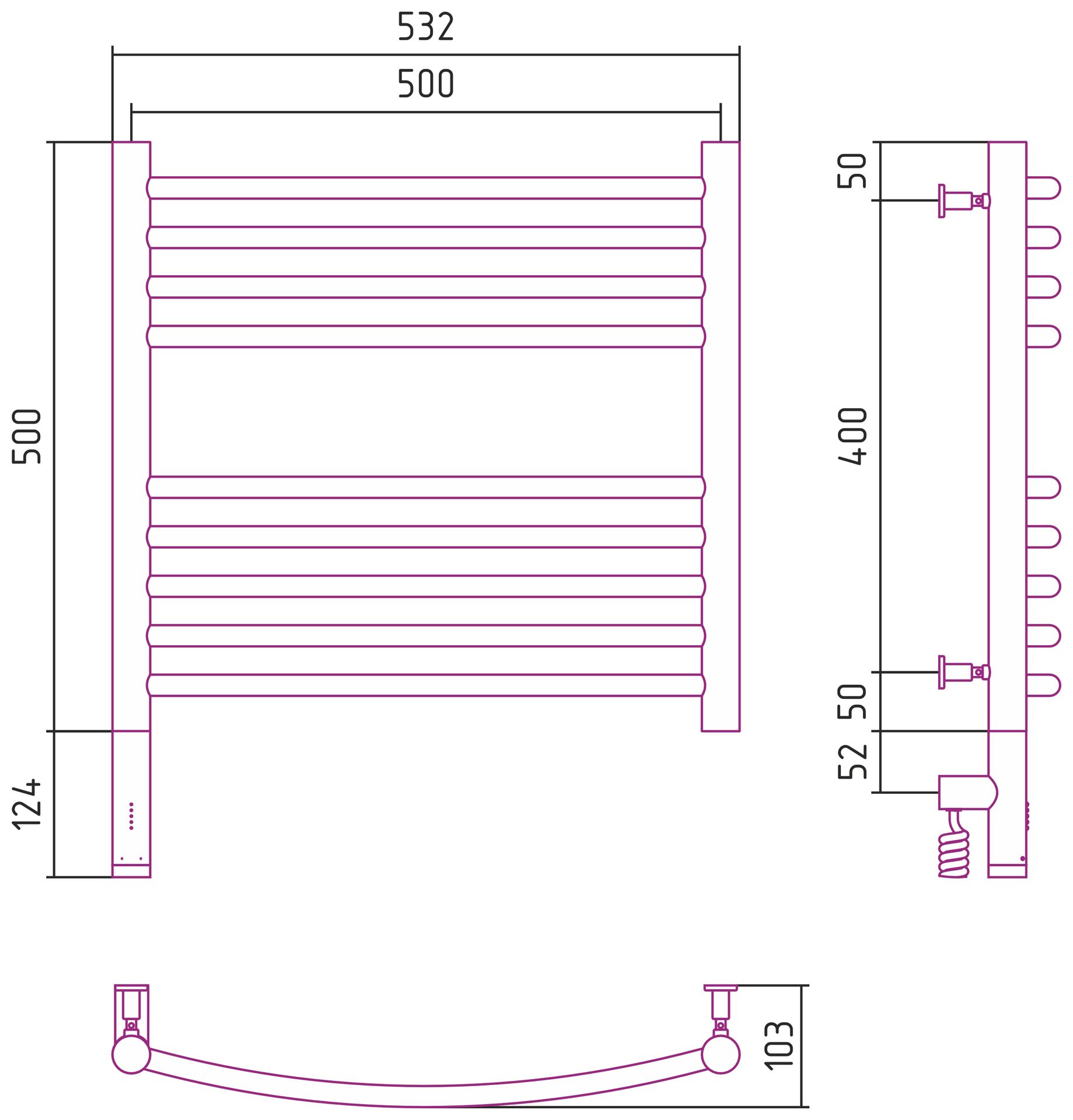 Полотенцесушитель электрический "БОГЕМА 3.0" 500х500 / МЭМ левый (Без покрытия)