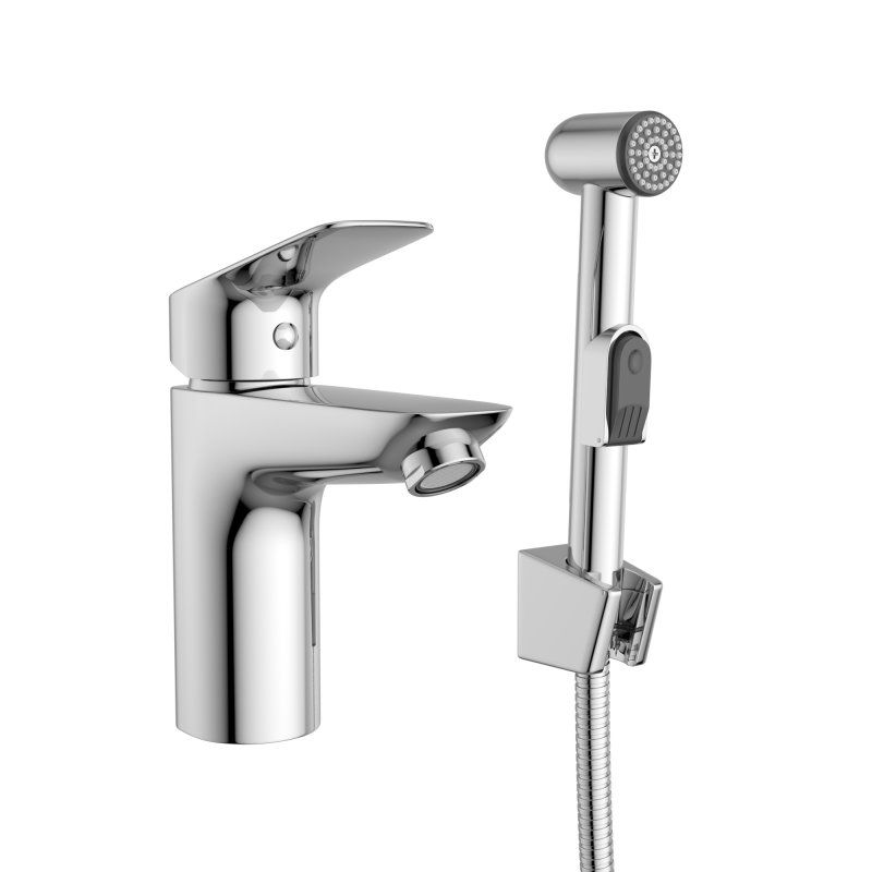 DUE Смеситель для раковины без донного клапана с гигиеническим душем, хром DUE-LVM/HGN-CRM-W0, артикул DUE-LVM/HGN-CRM-W0