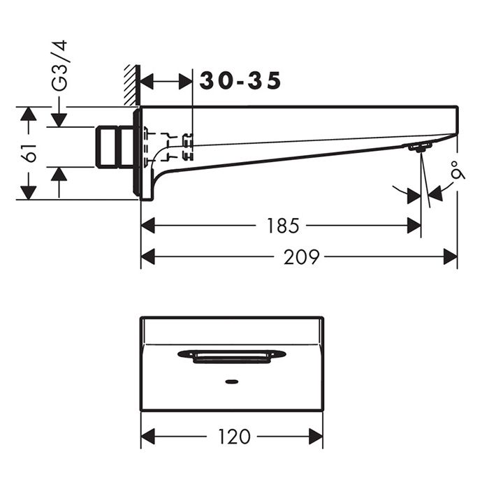 Излив, Hansgrohe, Metropol, для ванны, тип установки-настенный, вынос излива, мм-185, цвет-хром Излив, Hansgrohe, Metropol, для ванны, тип установки-настенный, вынос излива, мм-185, цвет-хром
