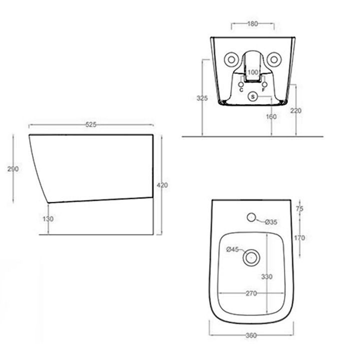 ARTCERAM A16 Биде подвесное 360х520 мм., с 1 отверстием для смесителя, с переливом, с крепежом, цвет черный глянцевый