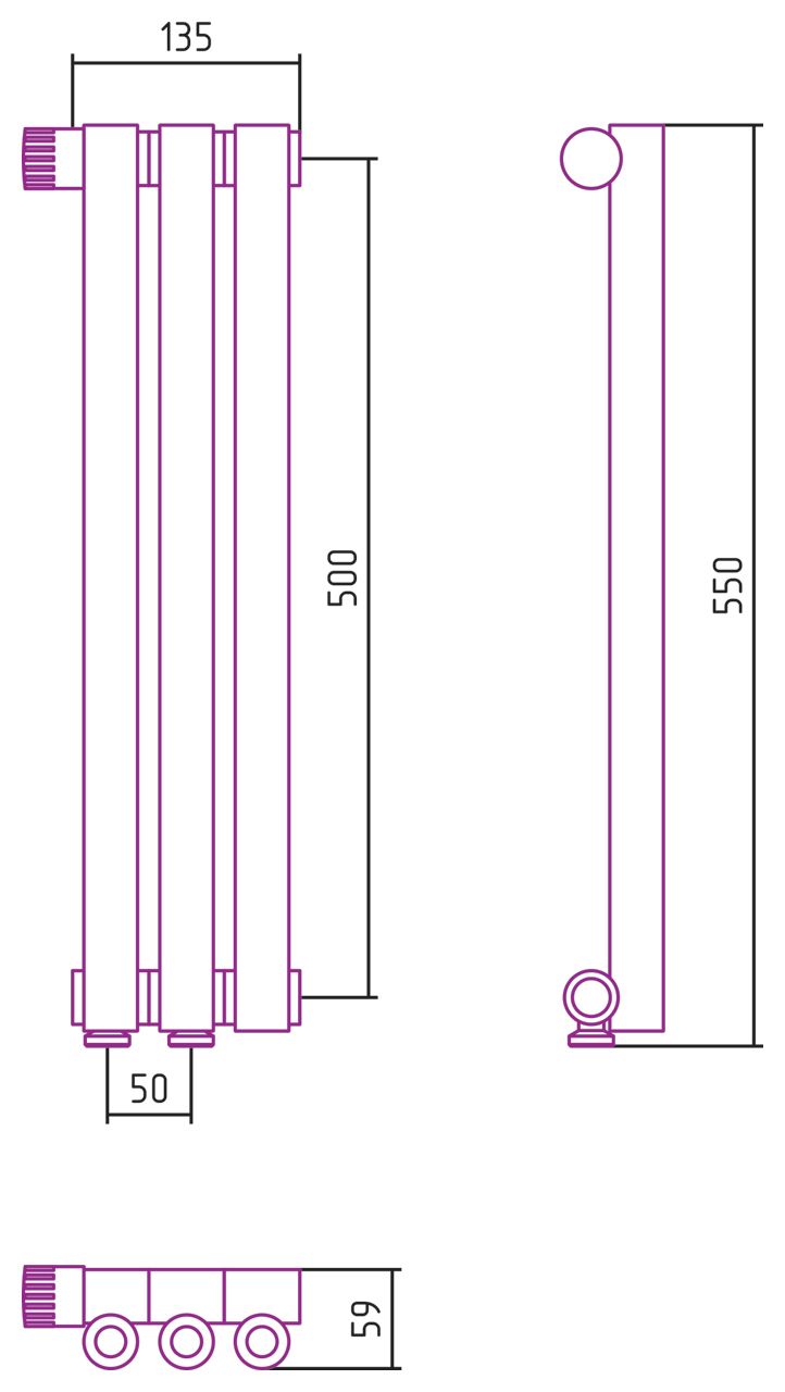 Отопительный радиатор ЭСТЕТ-0 н/ж EU50 левый 500х135 / 3 сек (Матовая ШАМПАНЬ)