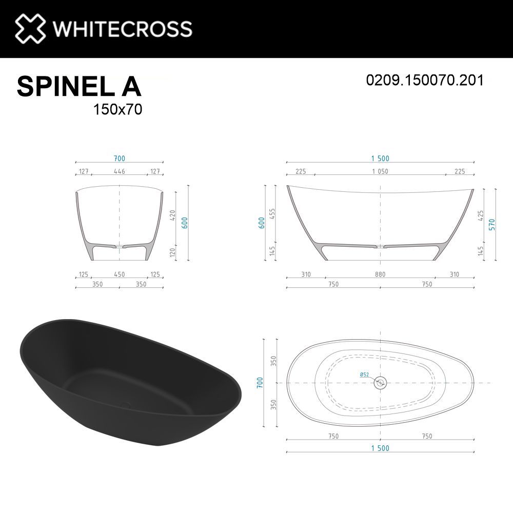 Ванна WHITECROSS Spinel A 150x70 (черный мат) иск. камень