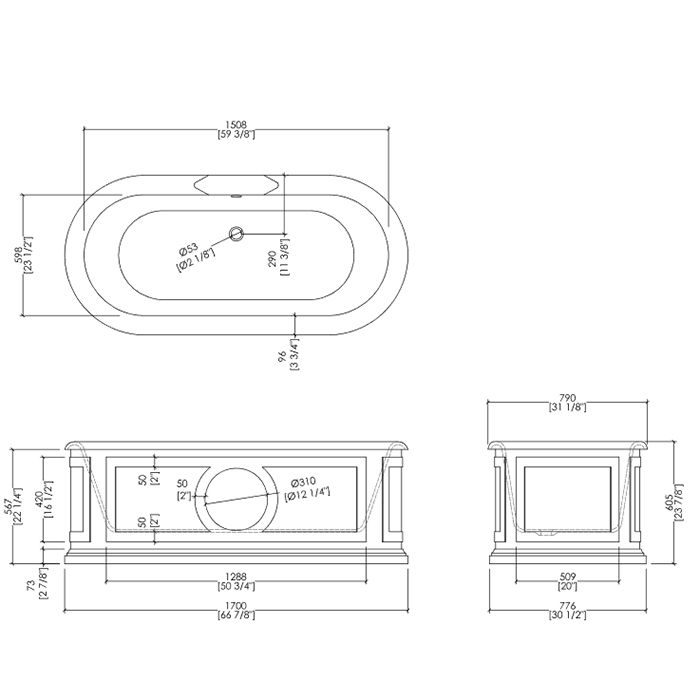 Devon Capitol Ванна чугунная (без отв. для смесителя),170х79х60,5 cм, свободностоящая, с внешней отделкой тонкими алюминиевыми листами(под покраску)