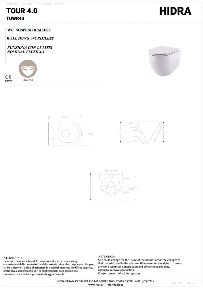 Hidra Tour 4.0, подвесной безободковый унитаз c крепежом, 52,5x36,5 см, цвет белый глянцевый, артикул TUWR40/001