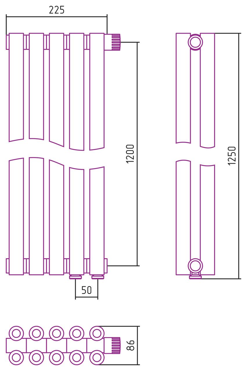 Отопительный радиатор ЭСТЕТ-00 н/ж EU50 1200х225 / 5 сек (САТИН)