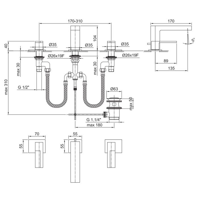 Fantini AR/38 Смеситель для раковины, 3 отв., с донным клапаном, излив 135мм, цвет: хром