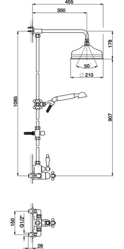 CISAL Arcana Душевой комплект: термостатический смеситель, стойка с верхним душем, лейка+шланг, цвет золото