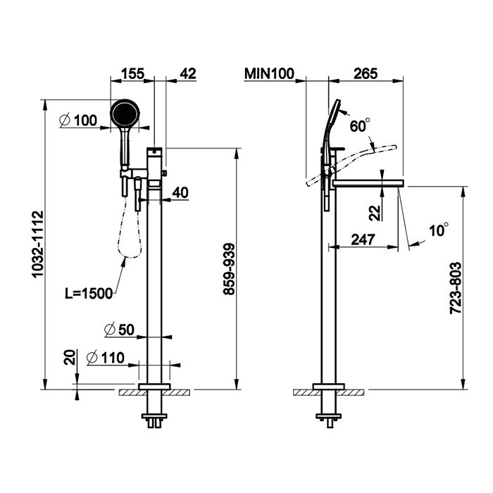 Gessi Emporio Via manzoni Внешние части для напольного смесителя для ванны с душевой лейкой, цвет: Black XL