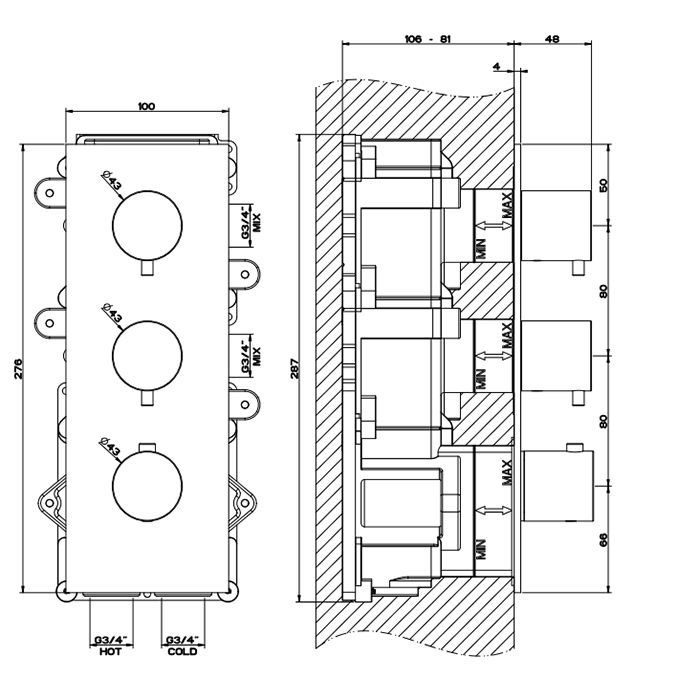 GESSI 316 Встраиваемый термостатический смеситель на 2 источника, резьба 3/4" (внешние части), цвет: brushed black metal pvd