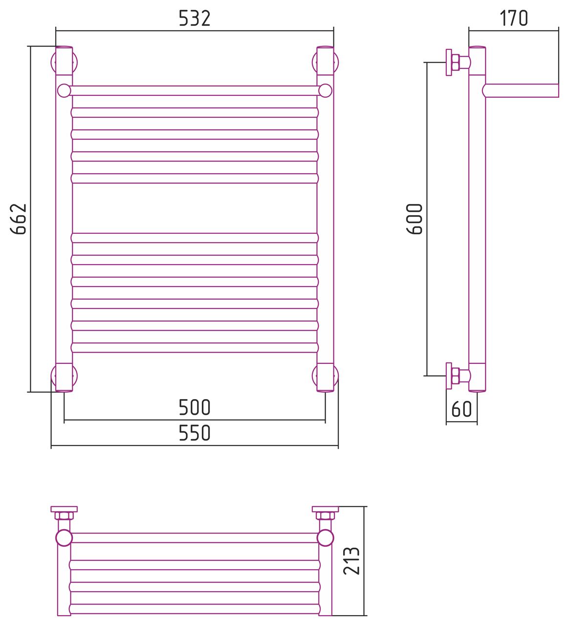 Полотенцесушитель водяной "БОГЕМА 1П +" 600х500 (Состаренная бронза)