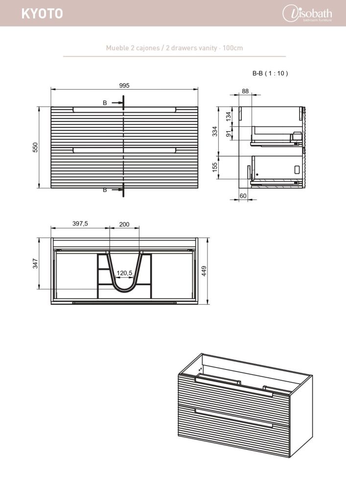 Visobath Kyoto, тумба 100 см, 2 ящика cо скрытыми ручками, цвет кварцевый матовый лак (Quarzo), артикул 76351/Quarzo
