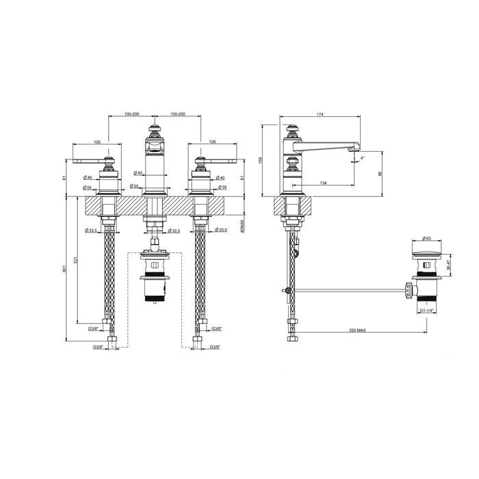 GESSI VENTI20 Смеситель для раковины на 3 отверстия, высота излива 98 мм., в комплекте с донным клапаном, цвет Finox Brushed Nickel GESSI VENTI20 Смеситель для раковины на 3 отверстия, высота излива 98 мм., в комплекте с донным клапаном, цвет Finox Brushed Nickel