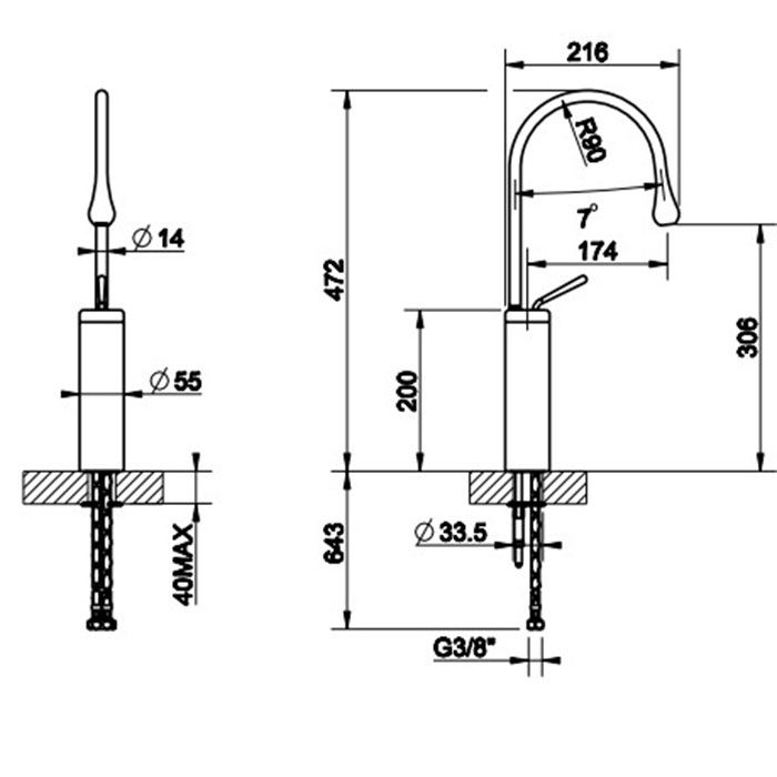 Gessi Goccia Смеситель для раковины на 1 отверстие, высокий, излив 174мм R=90, с фиксированным носиком,  цвет: черный
