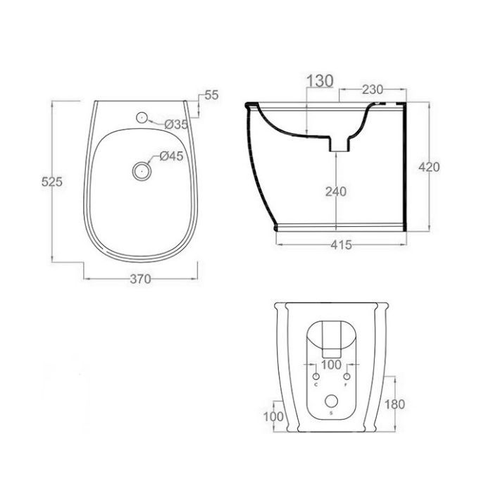 Artceram AZULEY  Биде напольное приставное 36*52см c креплением, с 1 отв под смеситель  цвет белый
