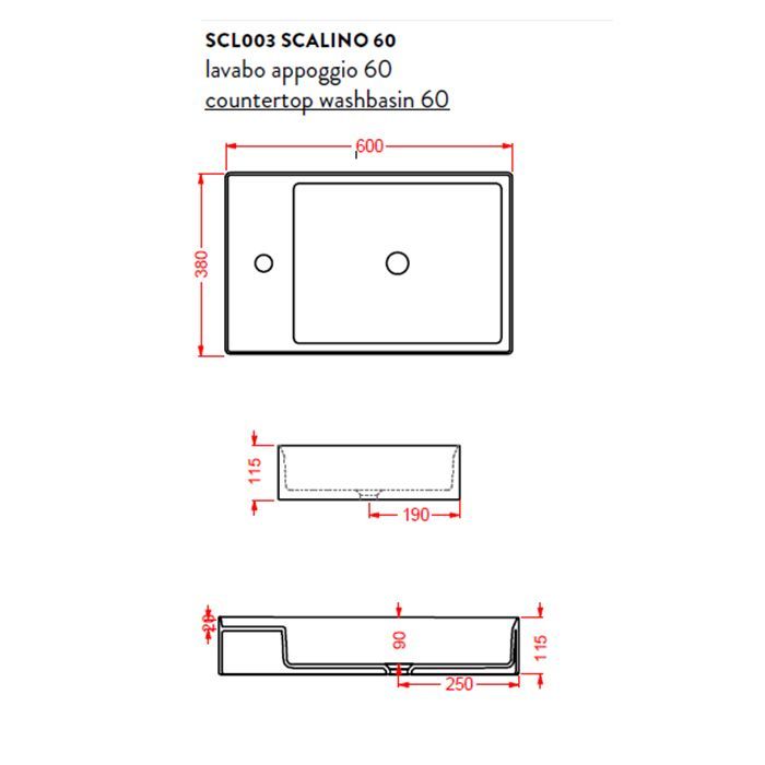 Artceram SCALINO Раковина накладная 38х60 см, с 1 отв под смеситель, без слив перелива, цвет белый матовый