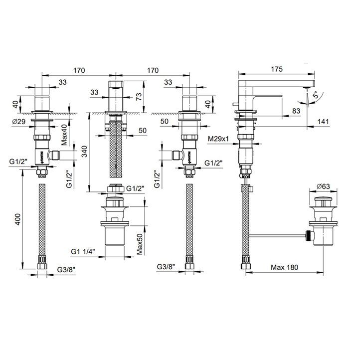 Fantini Mint Смеситель для раковины, 3 отв., с донным клапаном, излив 140мм, цвет: хром