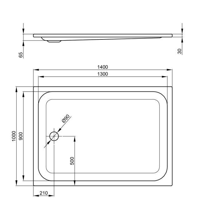 BETTE Душевой поддон прямоугольный 1400x1000x65мм, D90 мм, анти-слип+ самоочищающееся покрытие. цвет белый