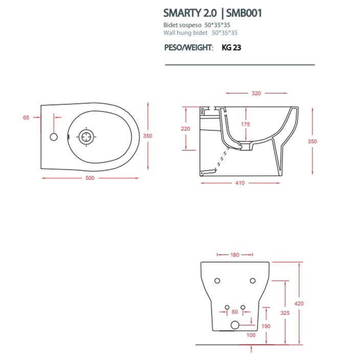 Биде, Artceram, SMARTY 2.0, тип установки-подвесной, ширина, мм-350, глубина, мм-500, высота, мм-350, форма чаши-овальная, отверстия для смесителя-1, материал-керамика, без креплений, цвет-белый глянцевый