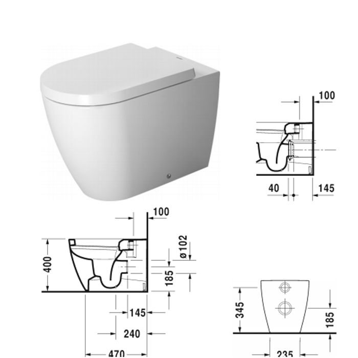 Duravit ME by Starck Унитаз напольный пристенный вариант, с вертикальным смывом, включая крепление, сток горизонтальный, 4,5 л. с HygieneGlaze, 370x60