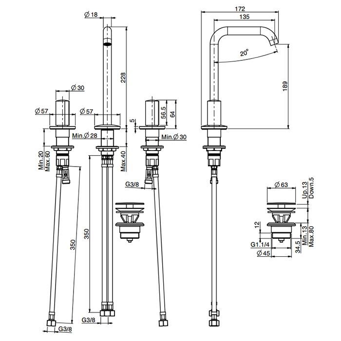 Fima Carlo Frattini So Смеситель для раковины, на 3 отв., с донным клапаном, цвет: чёрный матовый, артикул F3191BNS