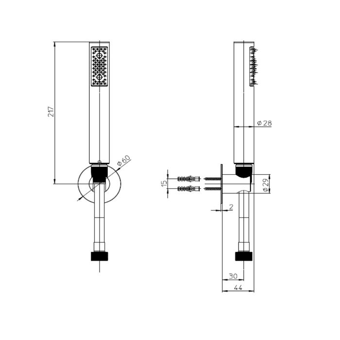 Bossini Nobu Комплект лейки Nobu из нержавеющей стали с фиксированным держателем и шлангом Cromolux 150 cm. цвет Mat brushed S.S.