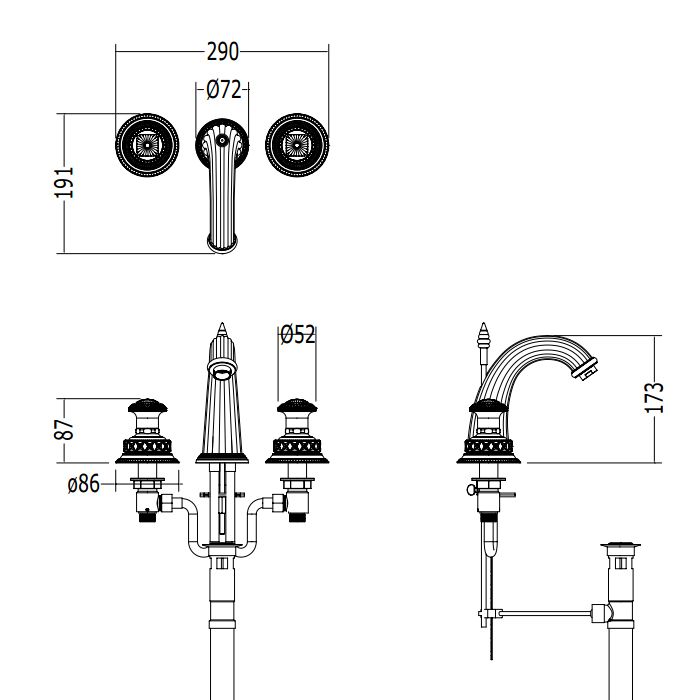 Devon&Devon Excelsior Swan Смеситель для раковины на 3 отверстия, донный клапан. Цвет: золото 24к., артикул EXC-SW101GK