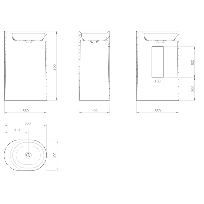 KNIEF Glow Раковина приставная 55х40х90 см без перелива, вывод в стену,цвет белый матовый ЦЕНА со склада)