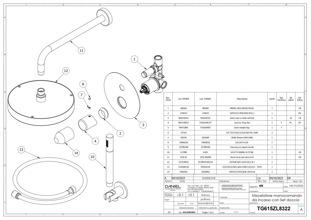Daniel Trilogy, душевой комплект на 2 потребителя, с круглым верхним душем 22,5 см и кронштейном 30 см, цвет хром, артикул TR615ZL8322-CR